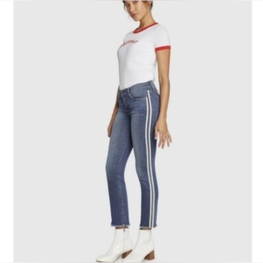 Principle Optimist Medium Wash White Racing Stripe Raw Cuff Ankle Jeans